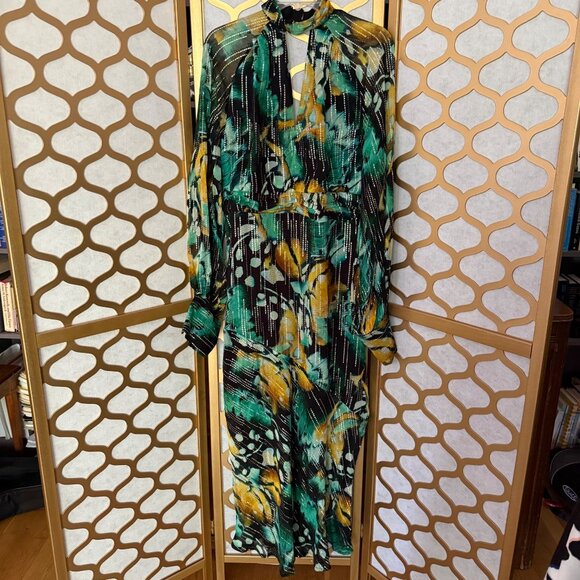 Karen Millen Size 10 NEW Green Metallic Iridescent Long Sleeve Column Midi Dress - Picture 3 of 16